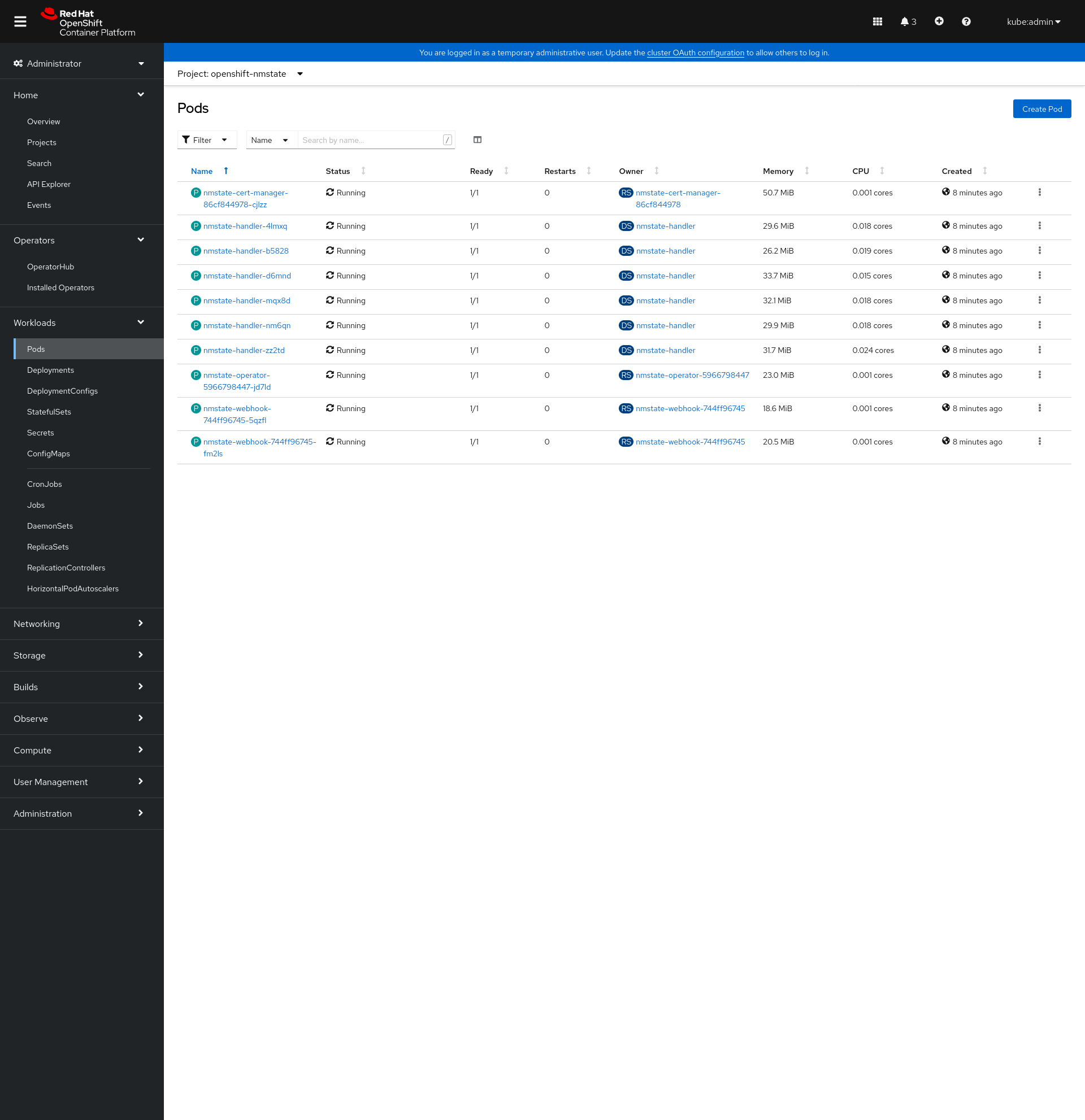 NMStateOperator pods status from web-console